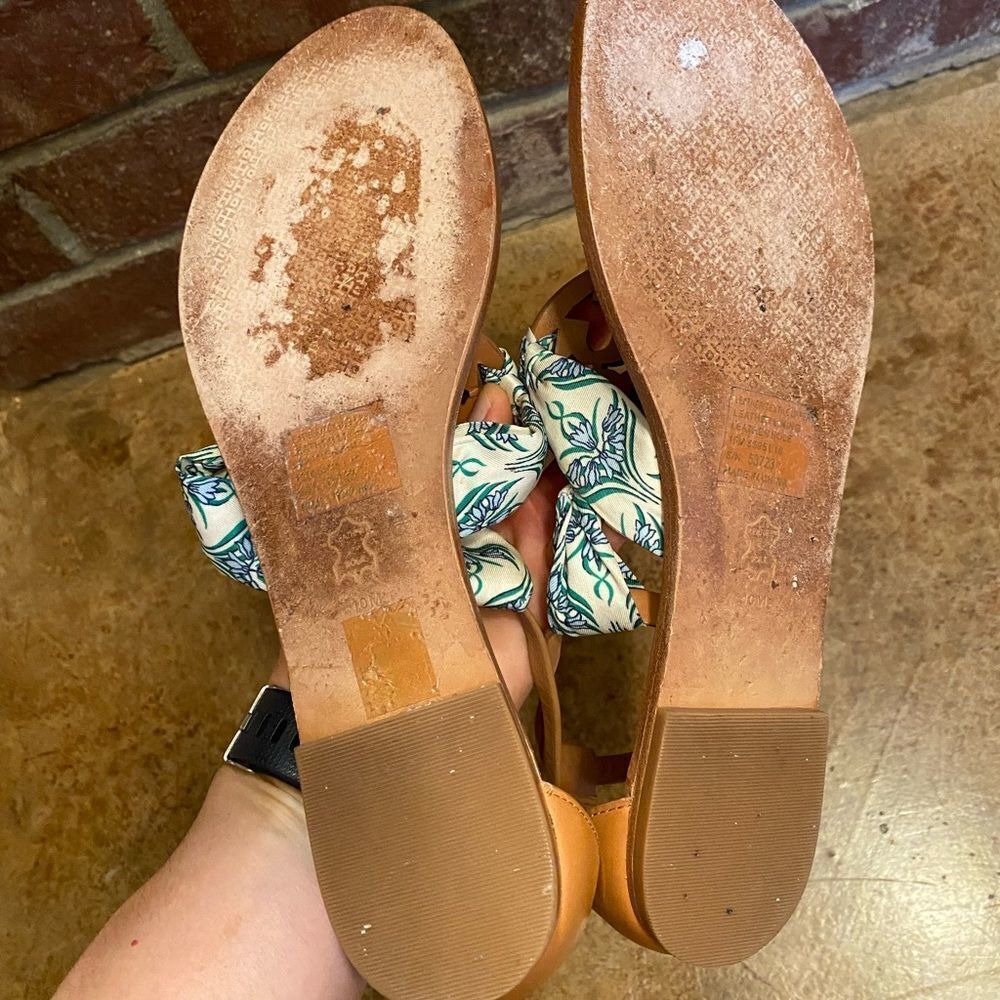 Tory burch leather logo blue Meridian floral fabric miller scarf ankle sandals - Picture 9 of 11